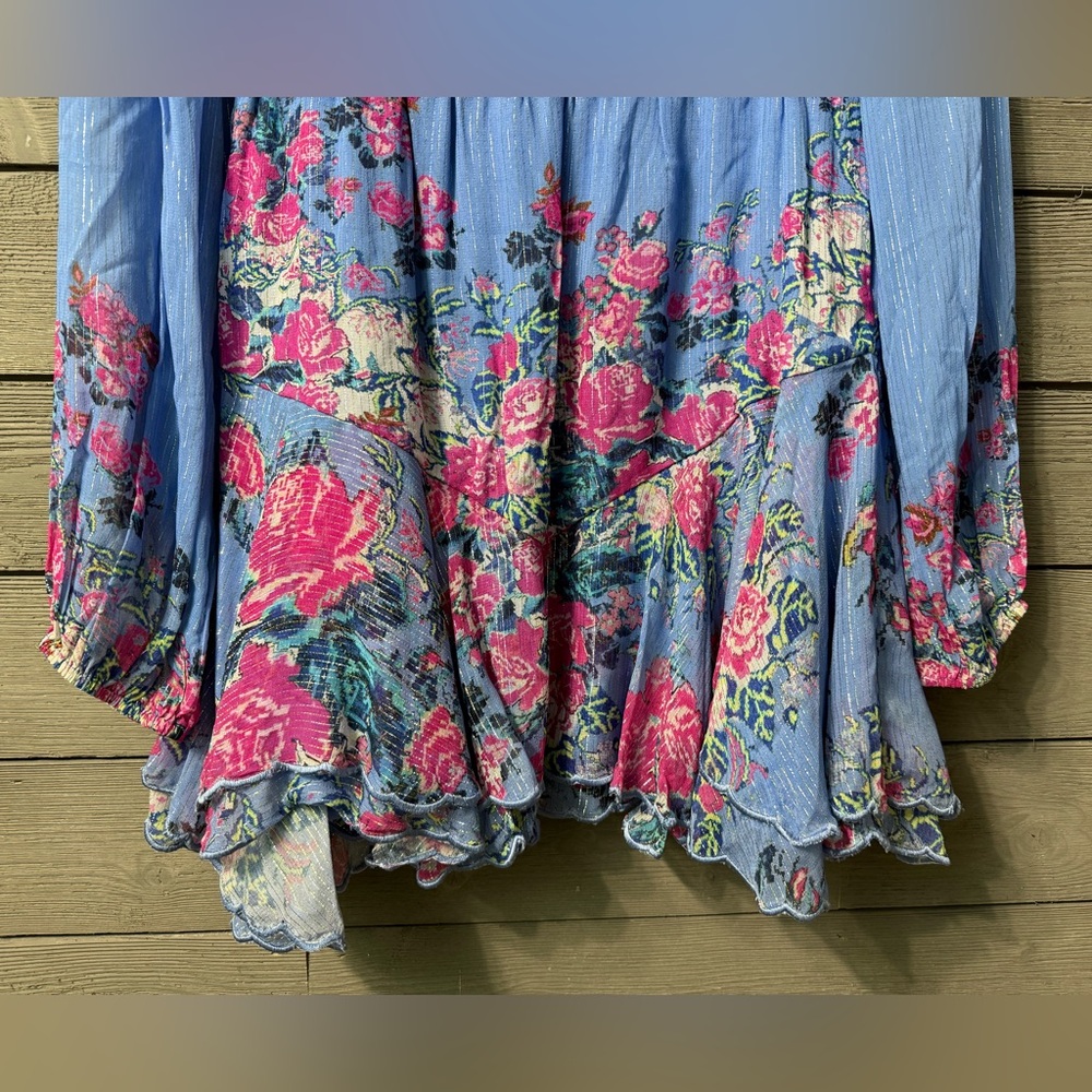 NWT Hemant & Nandita Mila Floral Metallic Stripe Dress Stone Blue L Valentines - Picture 16 of 16